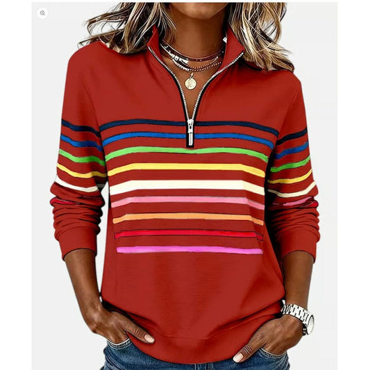 Half-Zip Collar Fashionable Rainbow Striped Sweatshirt