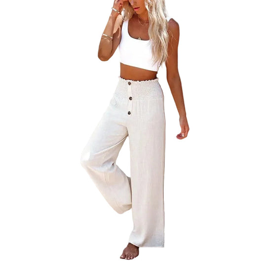 Linen Blend High Rise Smocked Pants