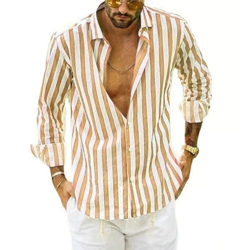 Spring summer men's polyester striped button shirt