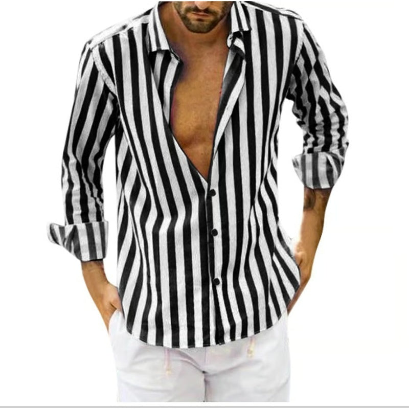 Spring summer men's polyester striped button shirt